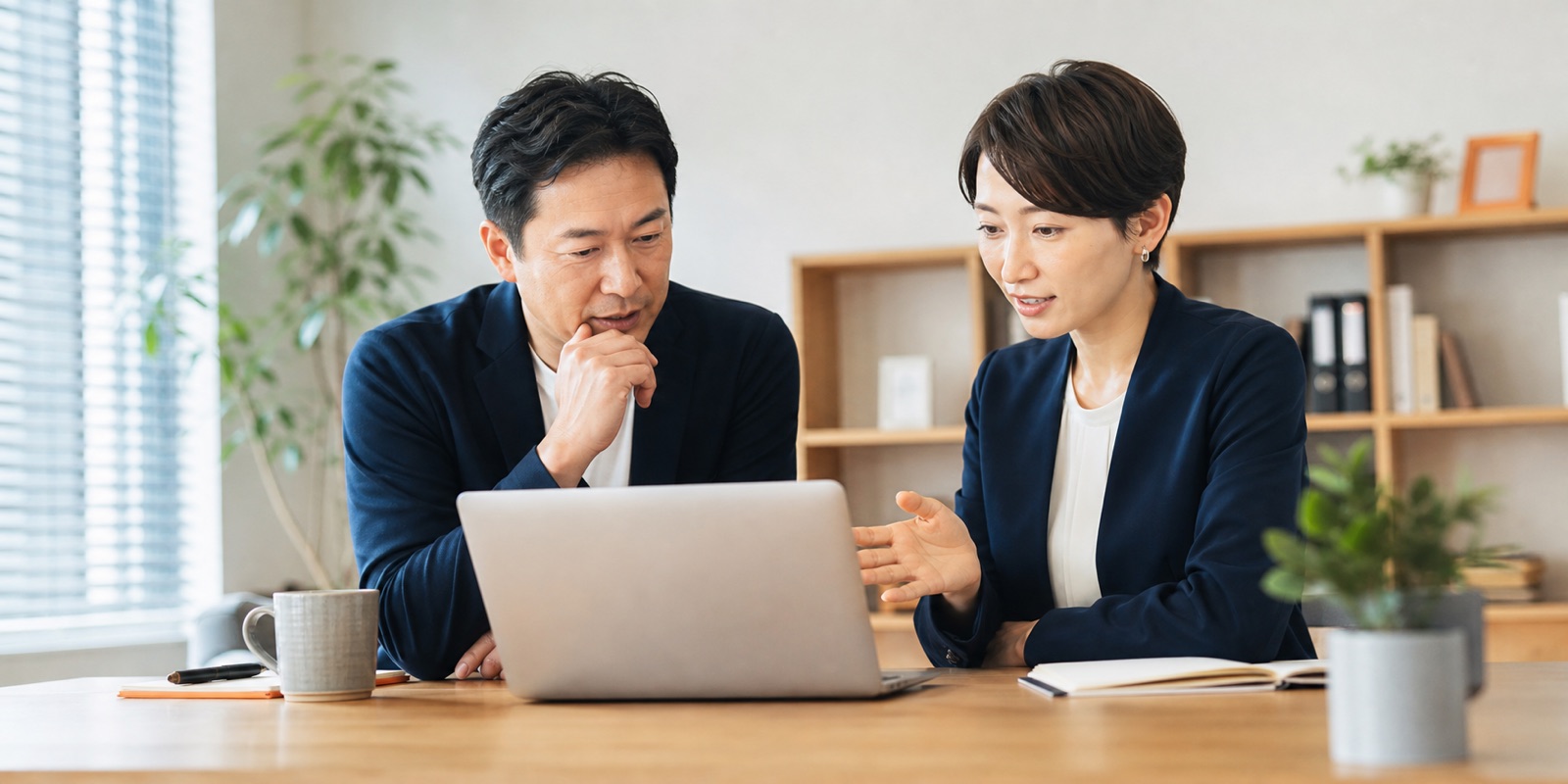 営業支援の相談をしながらノートパソコンを確認する様子